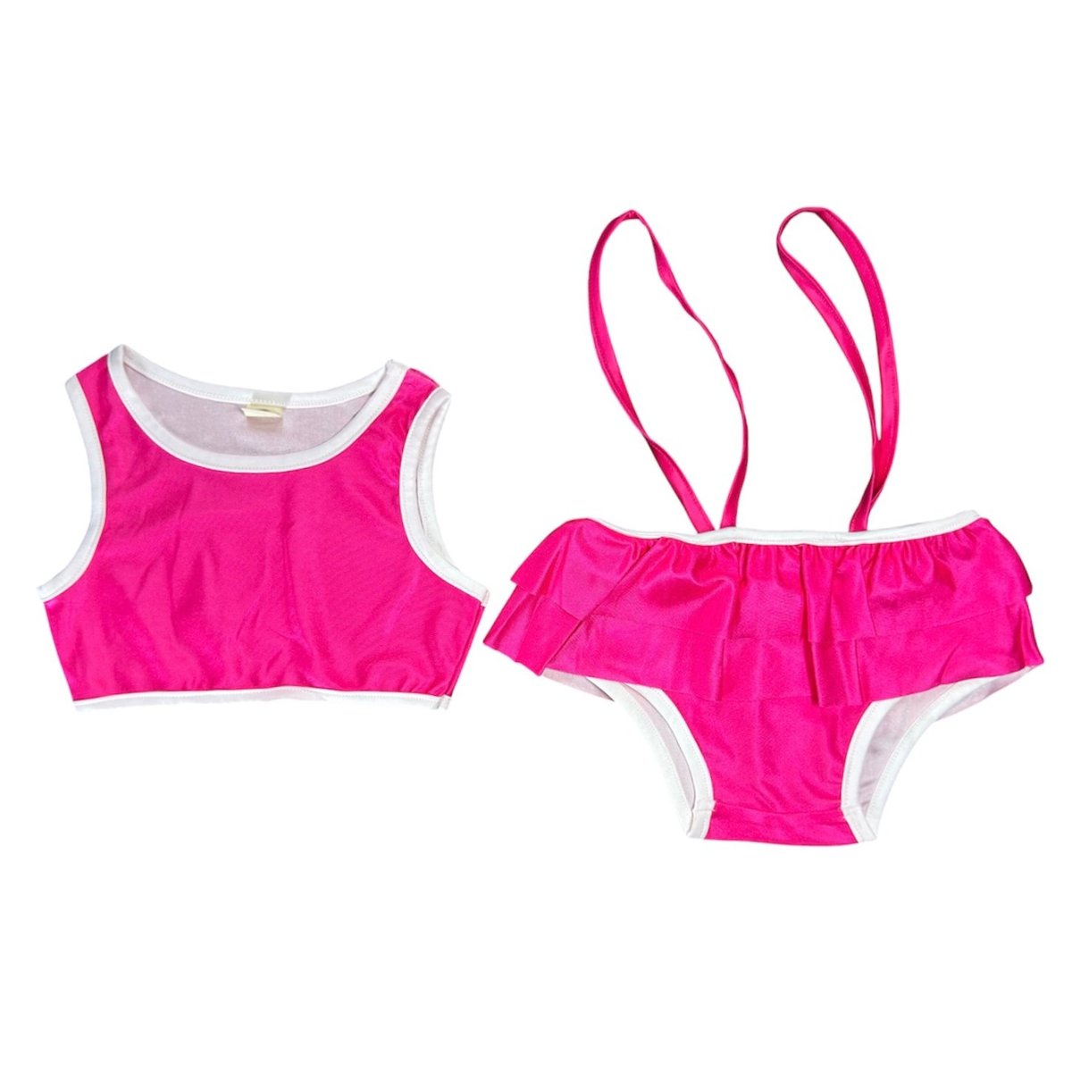 Bright pink two-piece girls swimsuit with ruffled bottom and white trim details