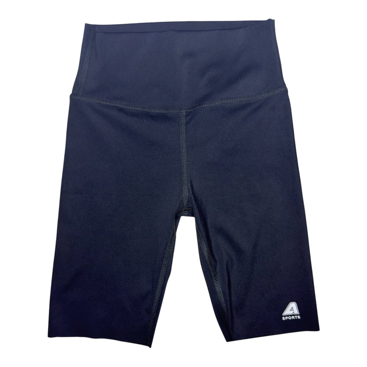 Pair of dark navy blue athletic bike shorts with high waistband and small logo on right thigh