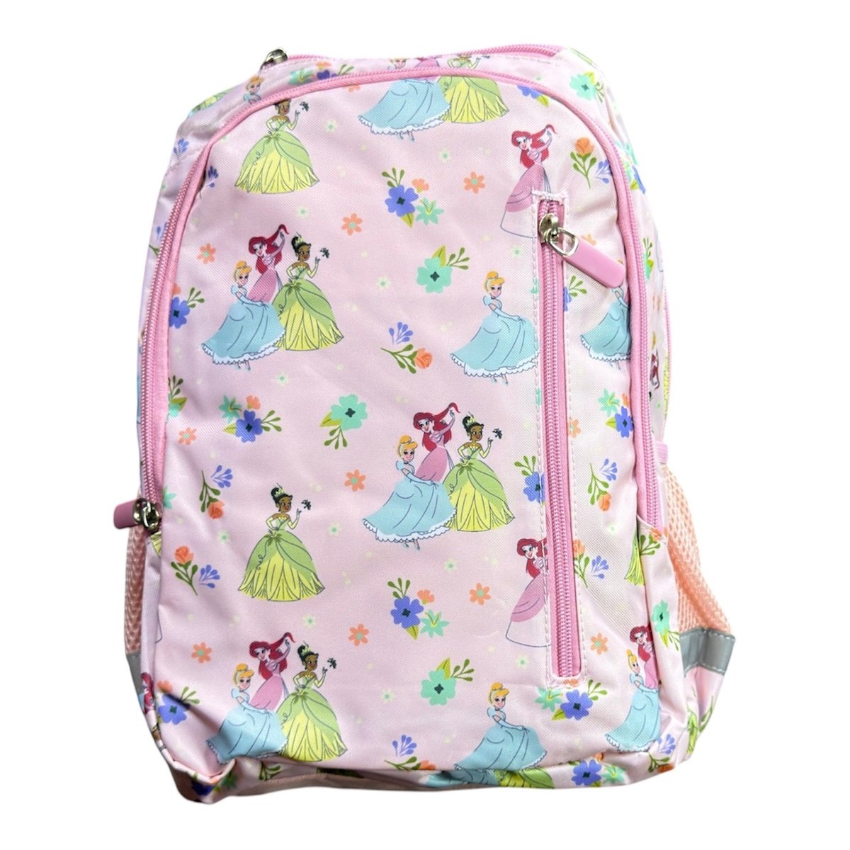Pink childrens backpack with fairy and flower print pattern, featuring front and side pockets with colorful straps