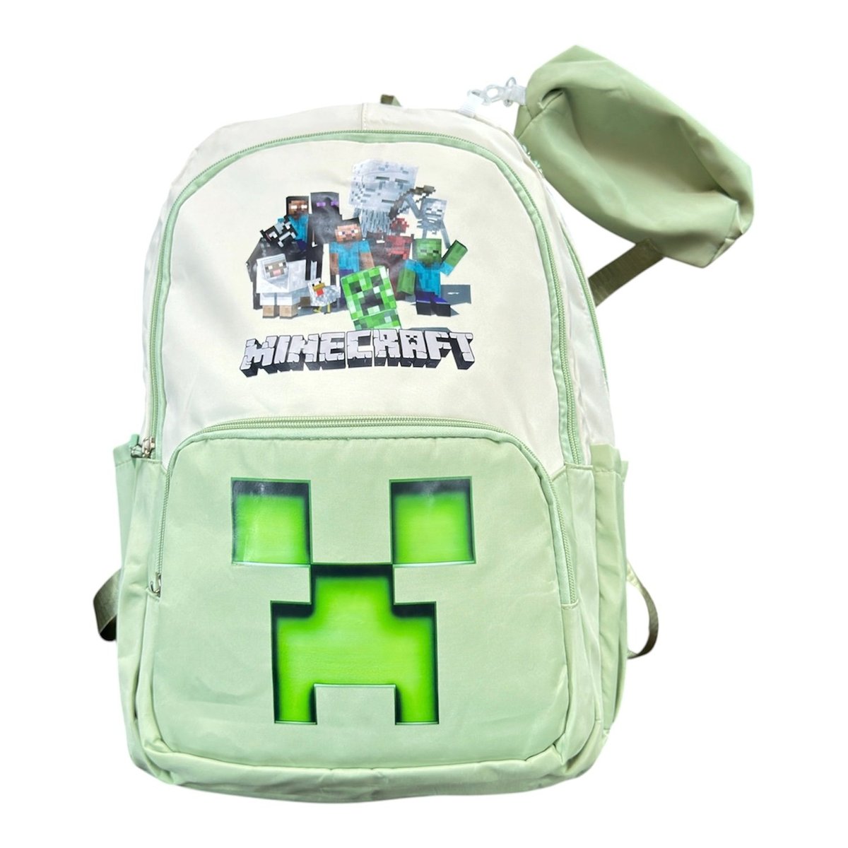 Minecraft creeper backpack with green face design, logo on top, and side pouch attachment.