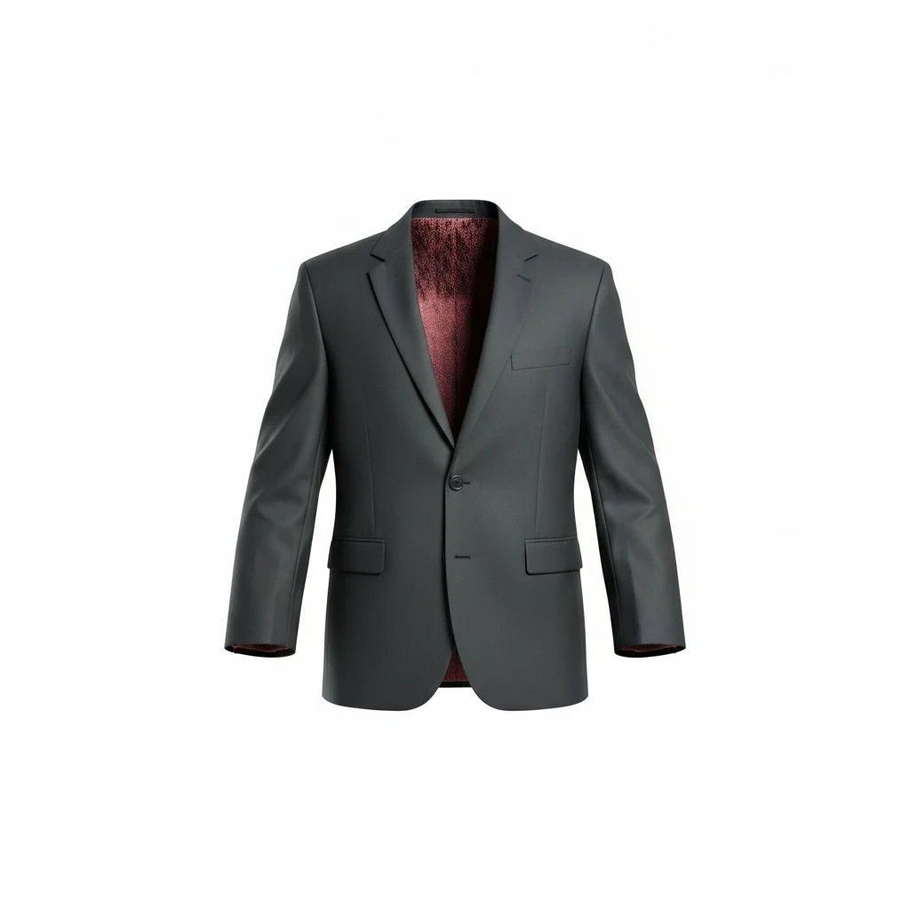 Charcoal gray mens blazer with notch lapels and two-button front on white background