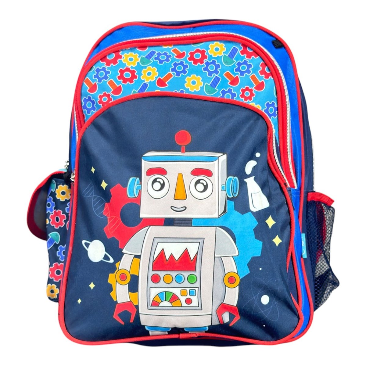 Colorful childrens backpack with robot design, blue and red with gears and space-themed graphics