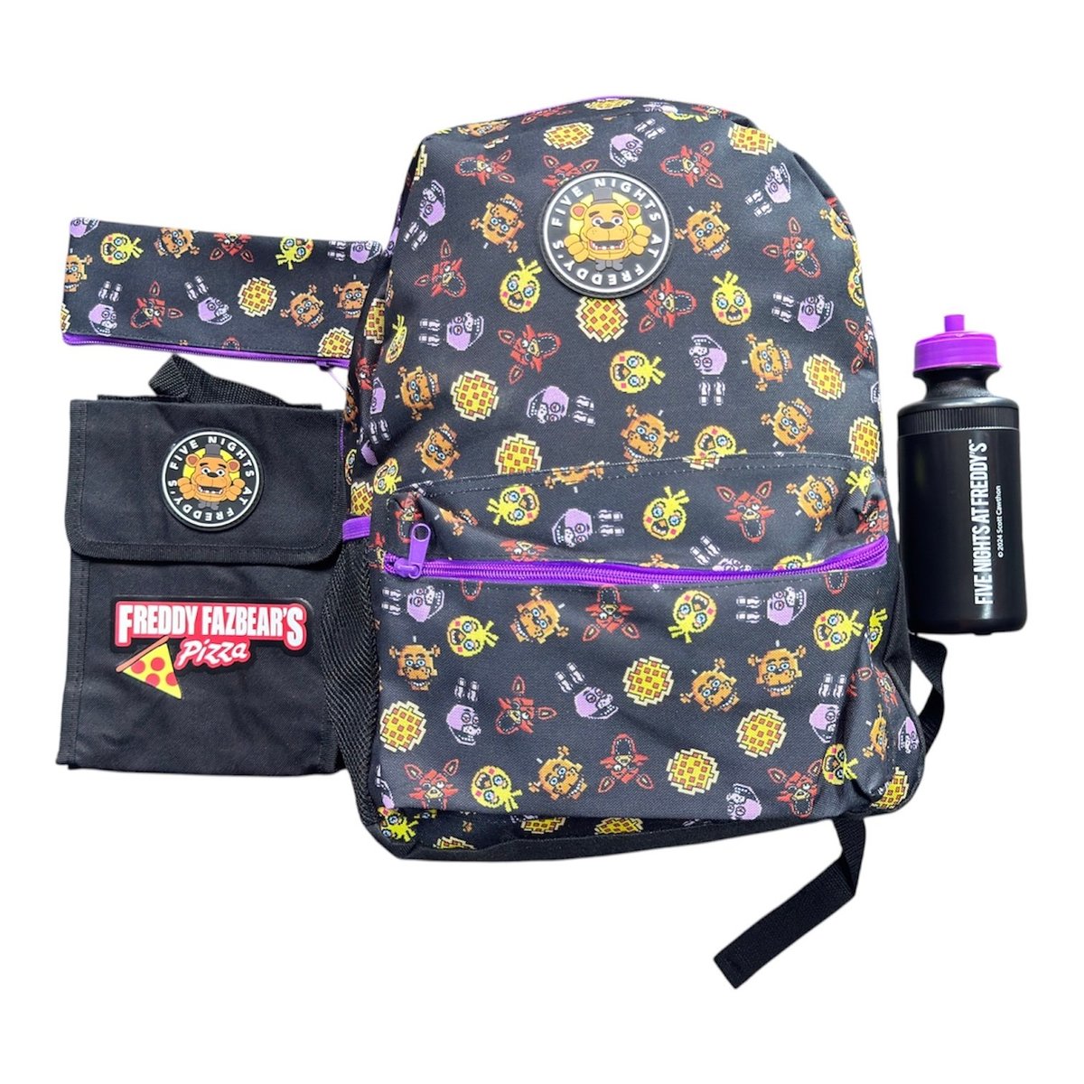 Five Nights at Freddys backpack set with cartoon character print, includes backpack, lunch bag, water bottle, and accessories