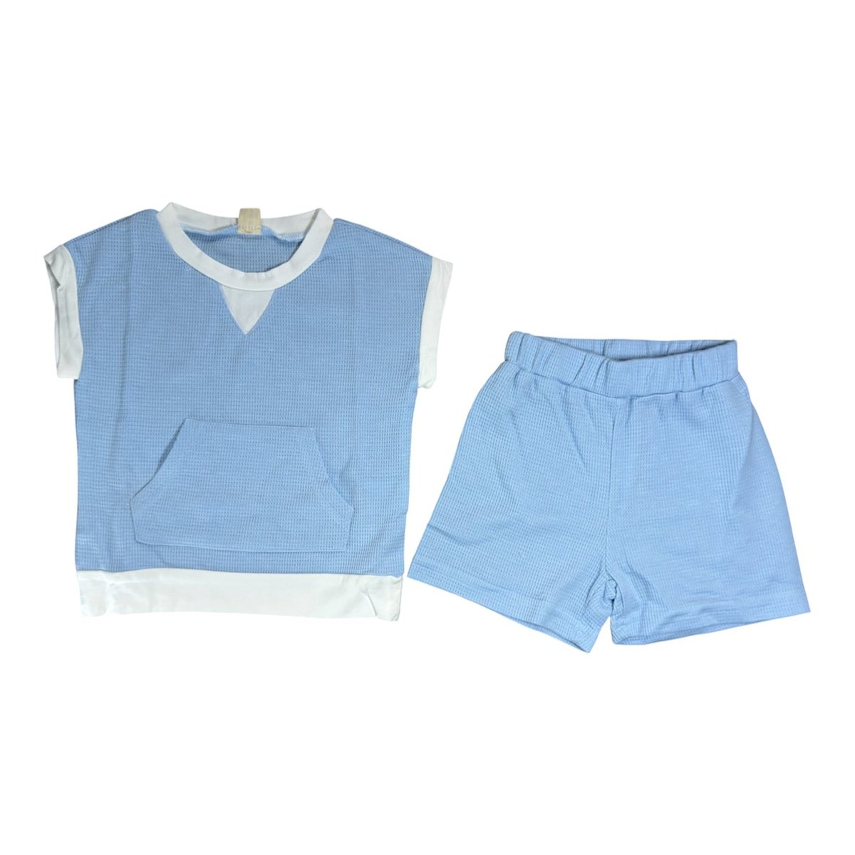 Blue and white childrens two-piece outfit consisting of sleeveless top with front pockets and shorts