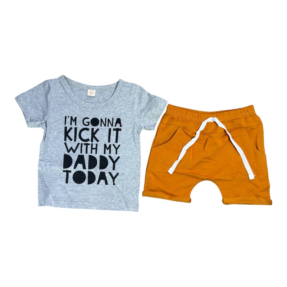 Baby outfit consisting of a gray t-shirt with black text saying Im gonna kick it with my daddy today and orange shorts with white drawstring