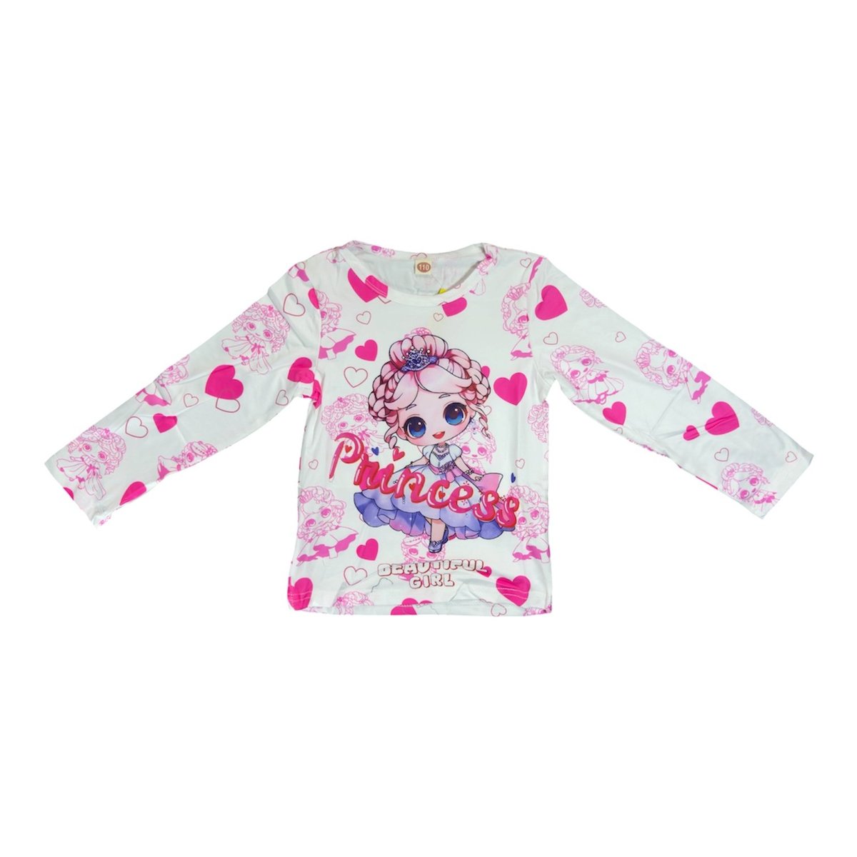 Girls long-sleeve shirt with white base, pink hearts, and character illustration saying Princess
