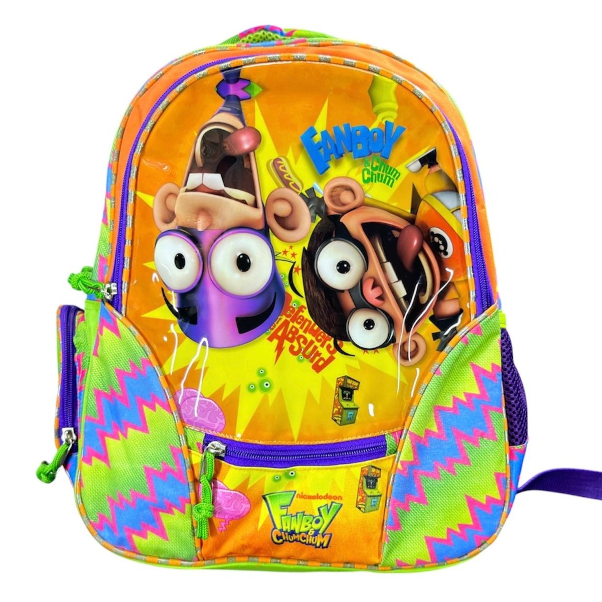 Colorful Oopsies! themed childrens backpack with large googly-eyed cartoon characters and bright orange, purple, and green design