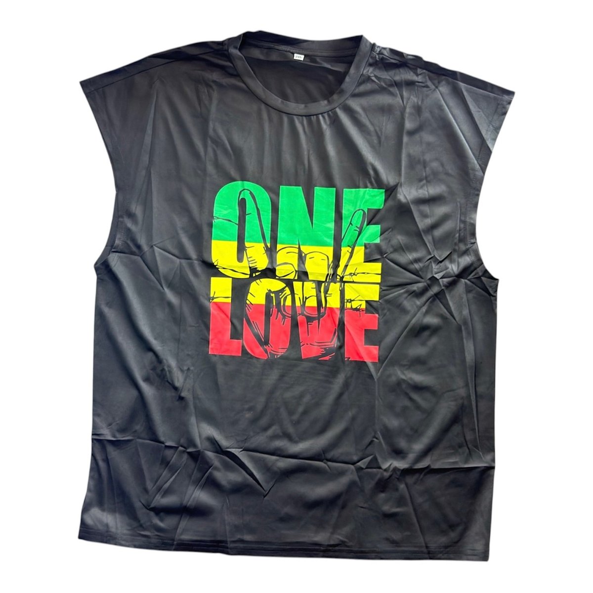 Black sleeveless t-shirt with colorful One Love graphic in green, yellow, and red text