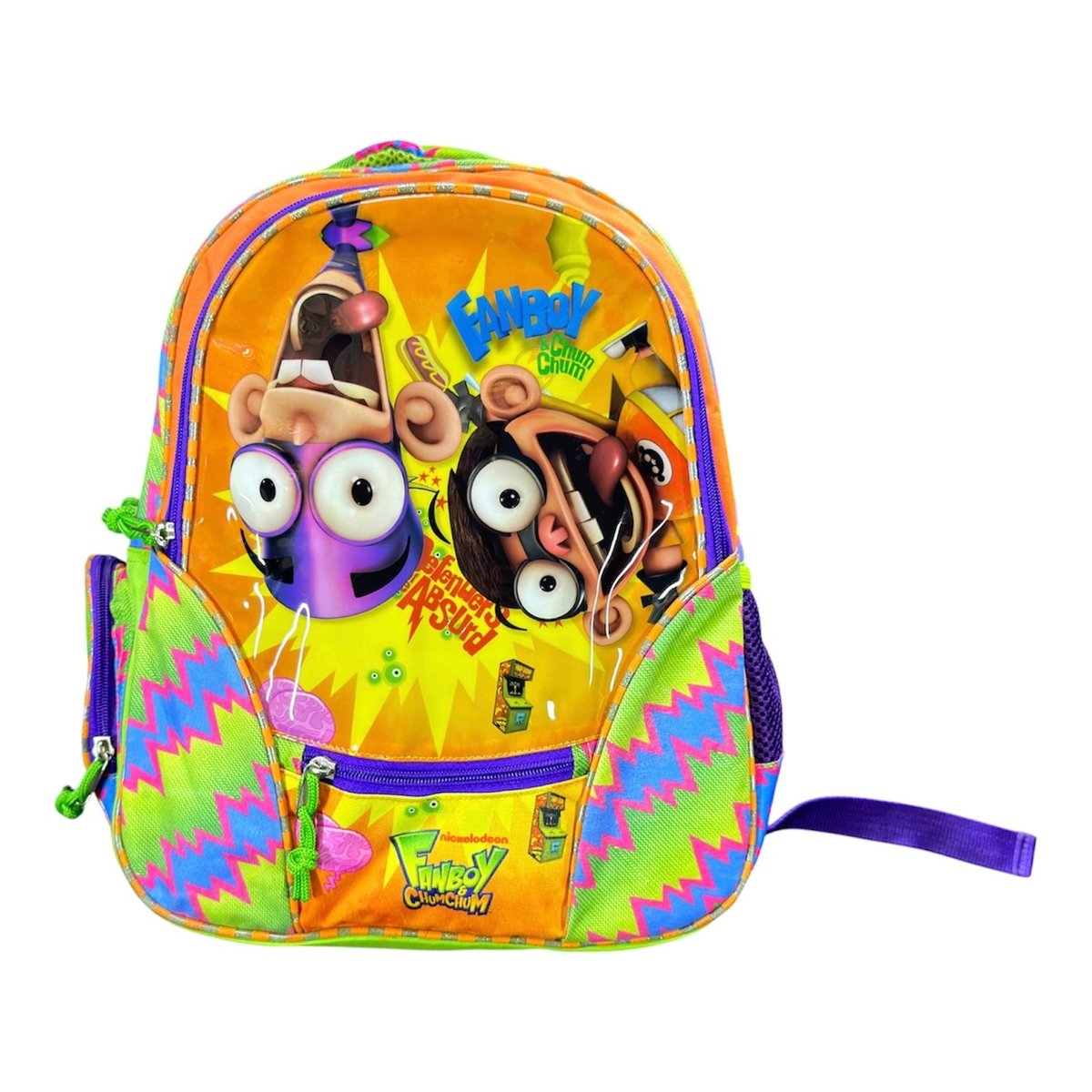 Colorful childrens backpack with cartoon owl characters and bright geometric patterns in orange, purple, yellow, and green