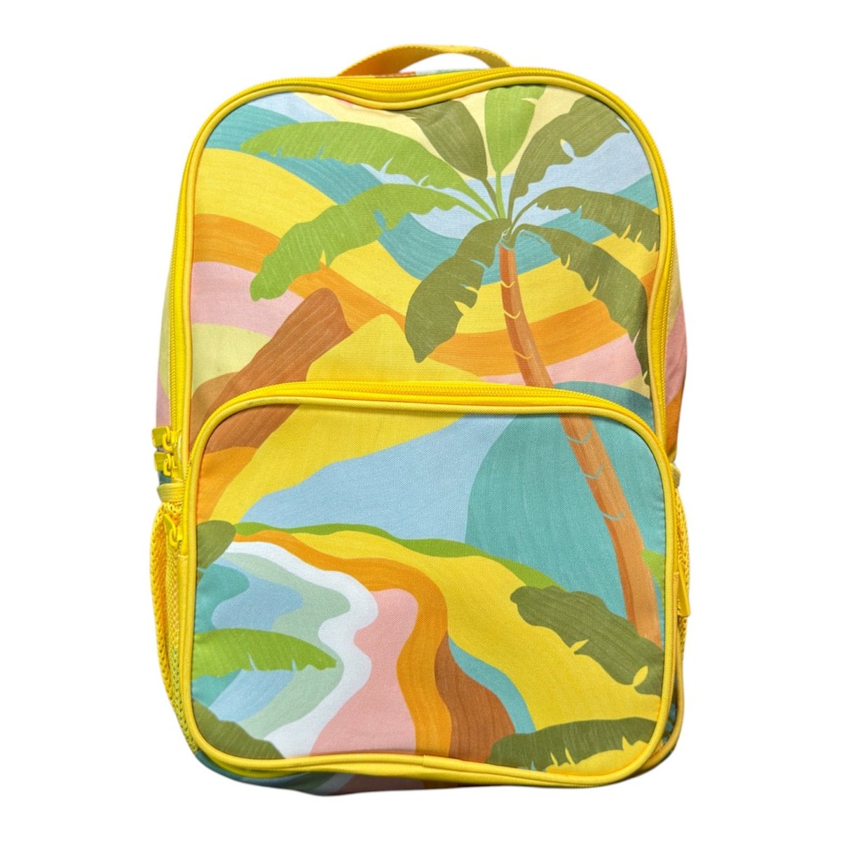 Yellow backpack with colorful tropical illustration featuring palm trees and vibrant landscape