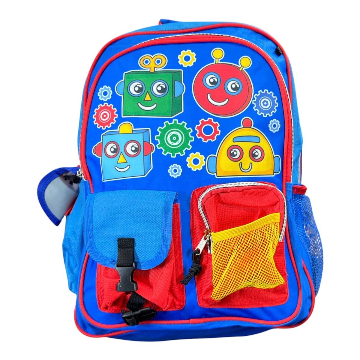 Blue and red childrens backpack with colorful robot and gear design, front pockets, and shoulder straps