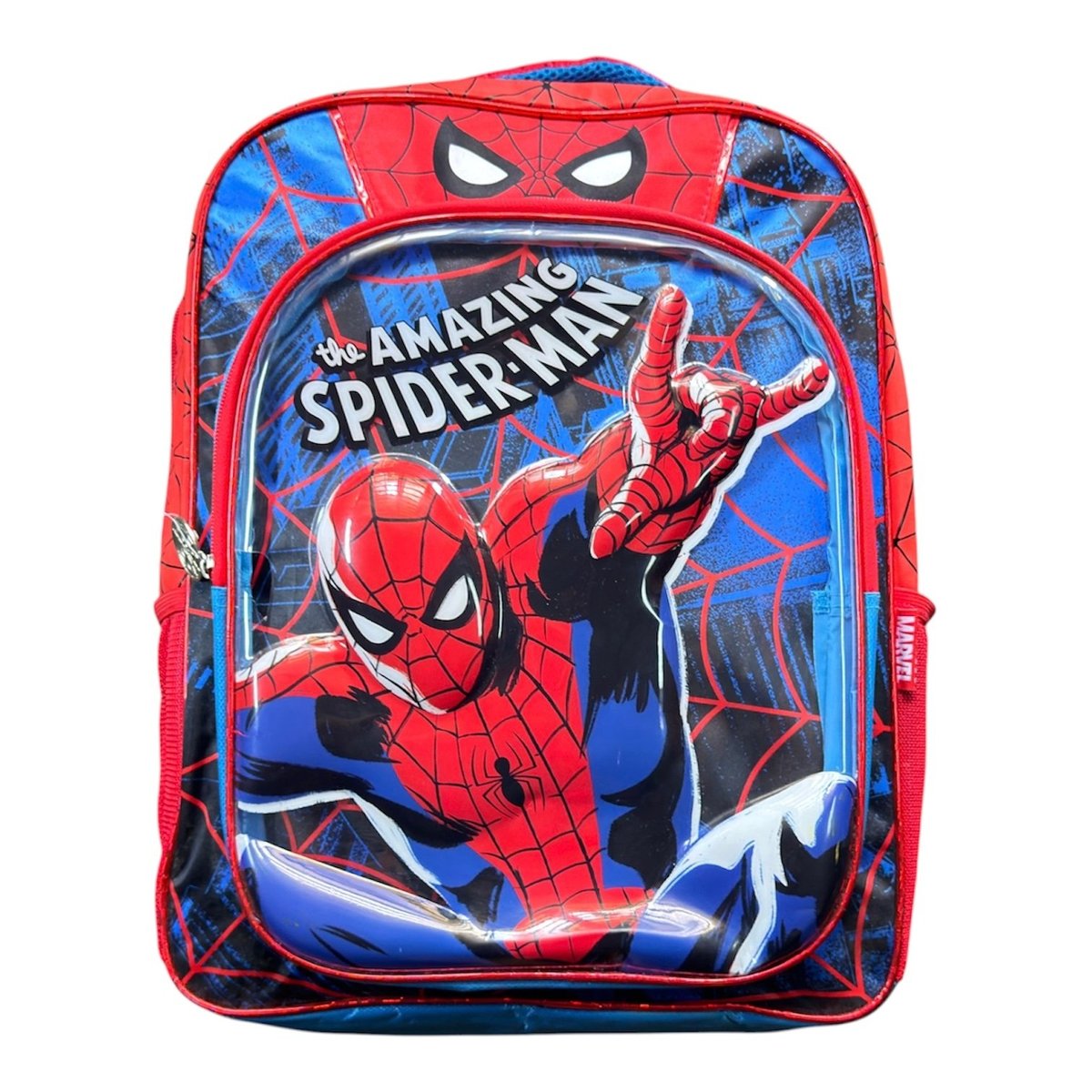 Red and blue Spider-Man backpack with action hero imagery and web pattern design