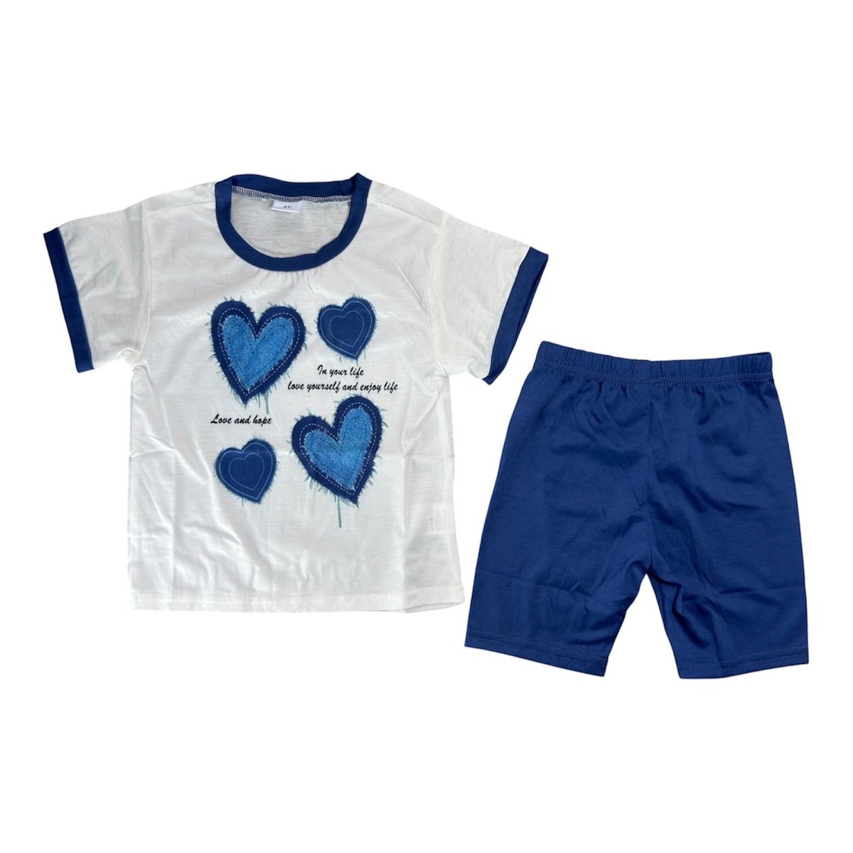 Childrens pajama set with white short-sleeve shirt featuring blue hearts and navy blue shorts