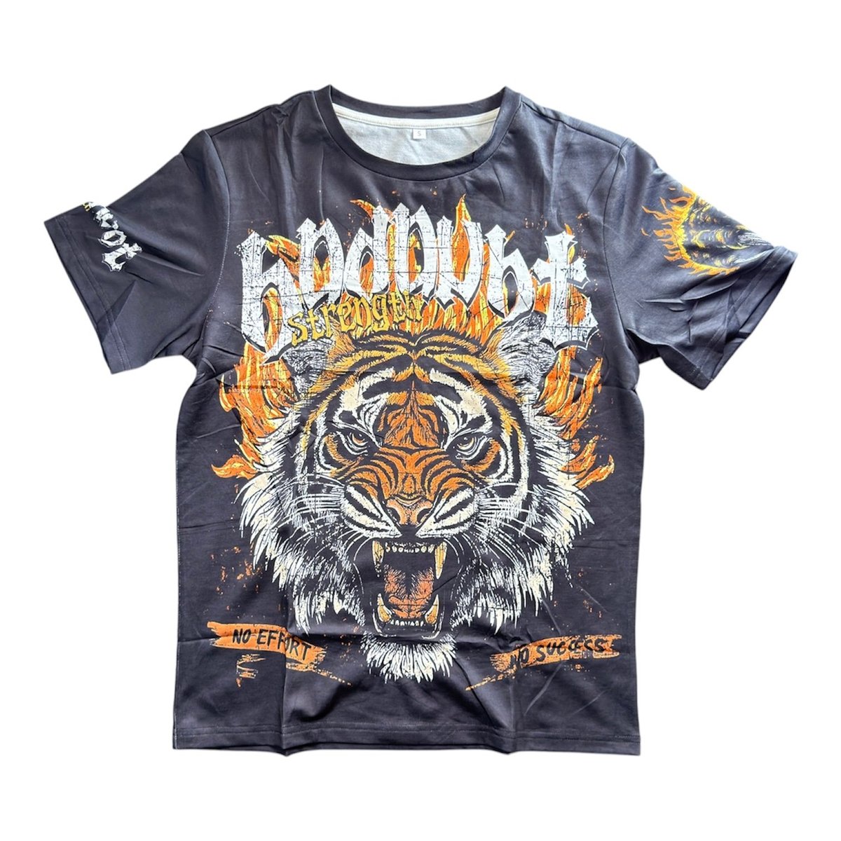 Dark navy graphic t-shirt featuring a fierce tiger face with orange flames, distressed white text, and band-style design elements