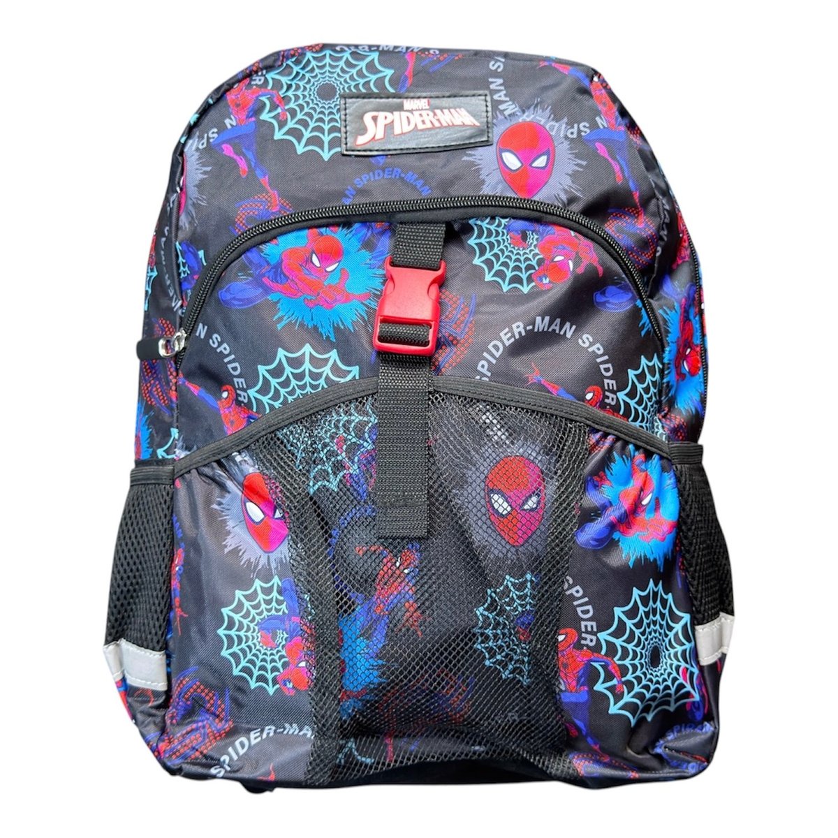 Spider-Man themed backpack with colorful print featuring red and blue spider logos, web patterns, and character faces on dark gray fabric