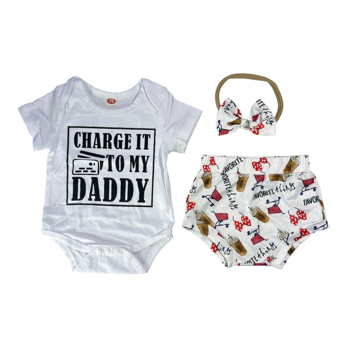 Baby outfit set with white bodysuit saying Charge It to My Daddy, patterned shorts, and coordinating headband