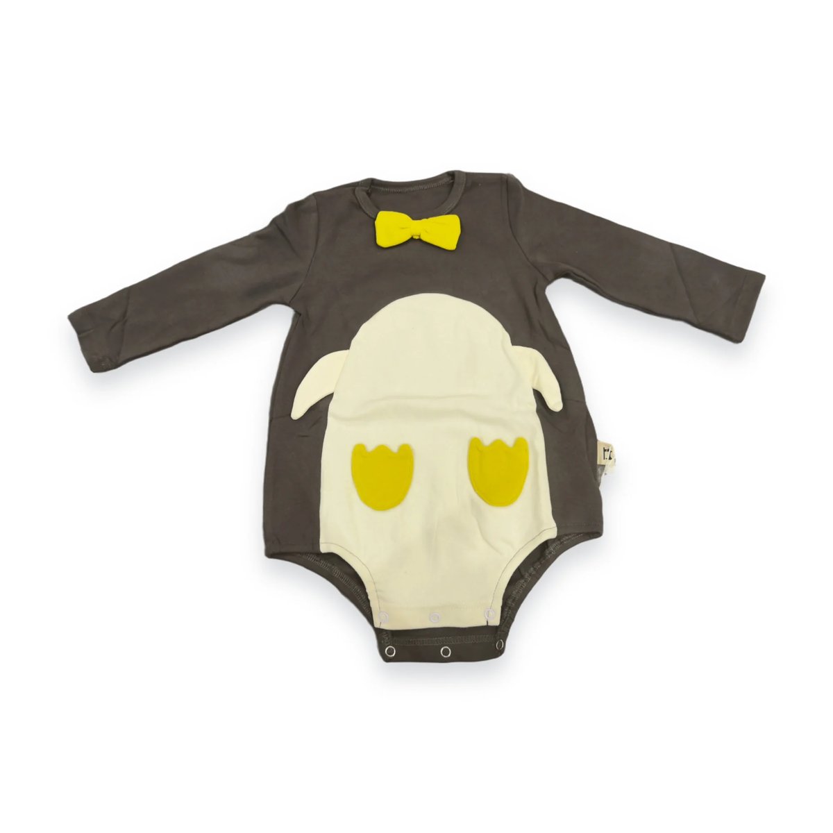 Brown and cream baby onesie with cute sheep face design, yellow bow tie, and ears