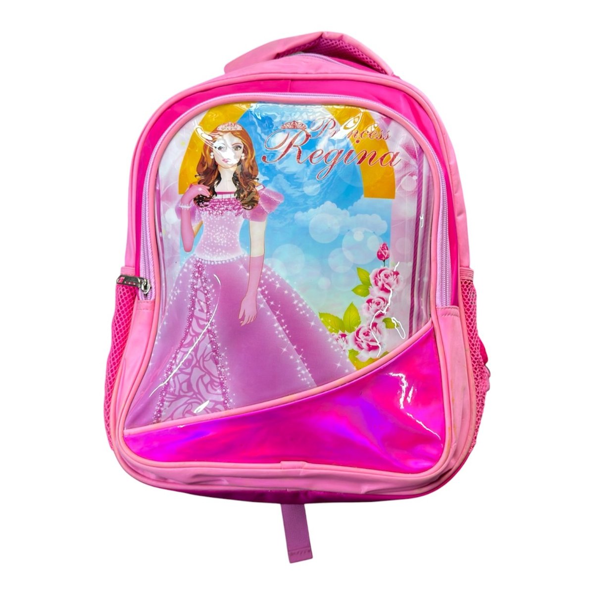 Bright pink backpack featuring an illustrated princess character in a purple gown with magical clouds and flowers on the front panel
