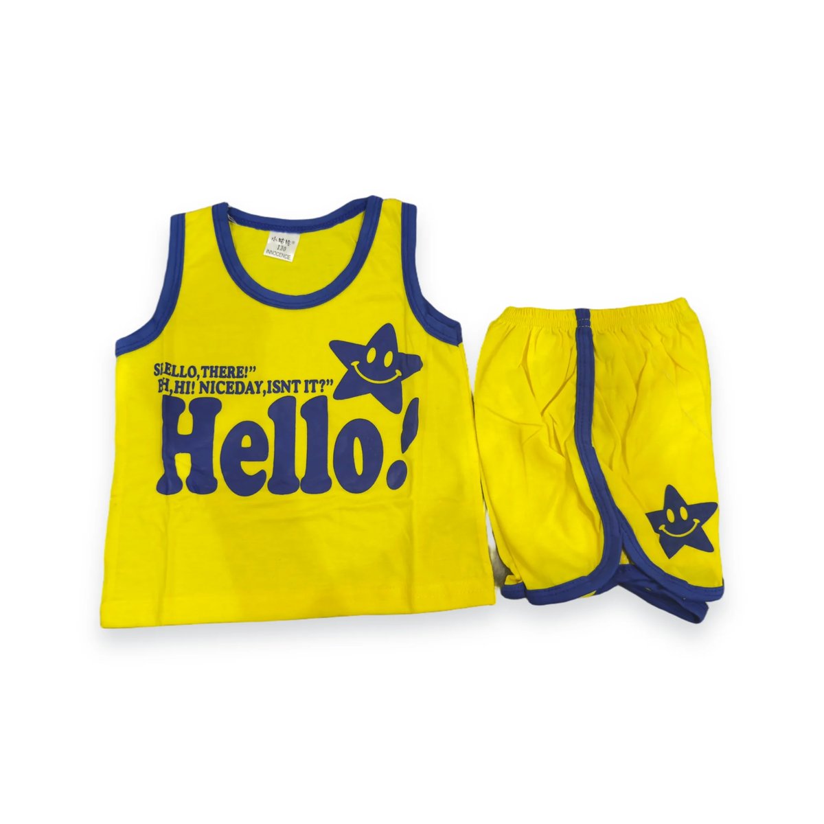 Yellow and navy childrens sleeveless tank top and shorts set with Hello text and star graphics