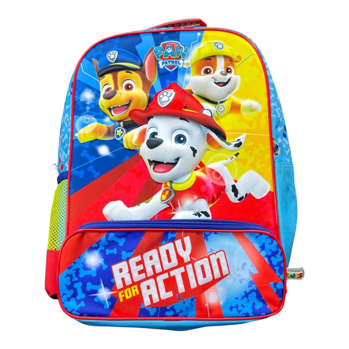 Paw Patrol childrens backpack featuring Chase, Marshall, and Skye characters with Ready for Action text on red and blue design