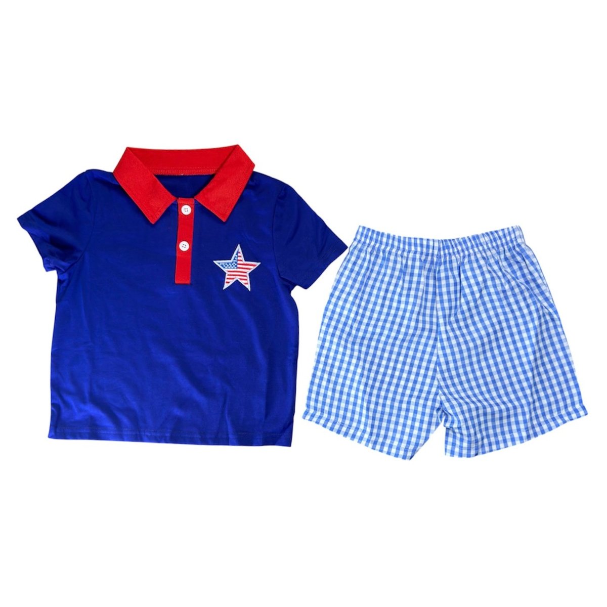 Childs outfit with blue polo shirt featuring red collar and white star, paired with blue and white checked shorts