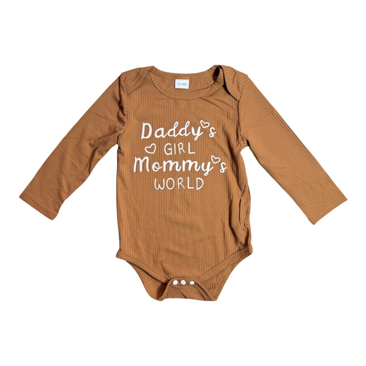 Brown long-sleeve baby onesie with white text reading Daddys Girl Mommys World and small heart designs